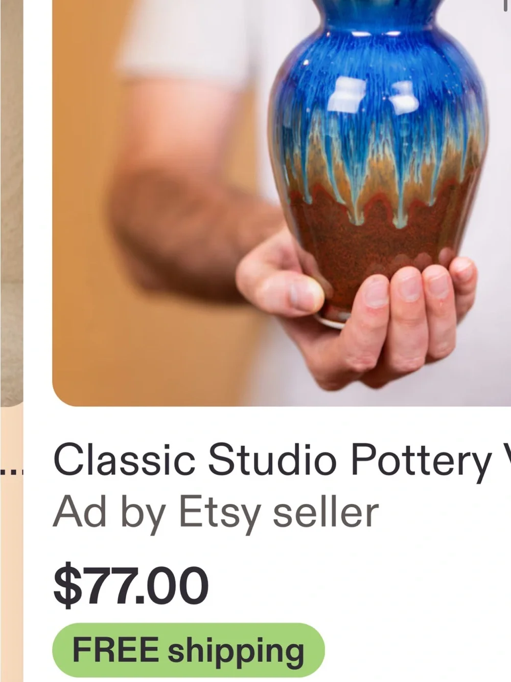 Vintage Handmade Blue and Black Ceramic Bud Vase - no cracks